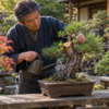 胴切り後の松盆栽を管理しながらモミジや真柏との樹種差を確認する様子