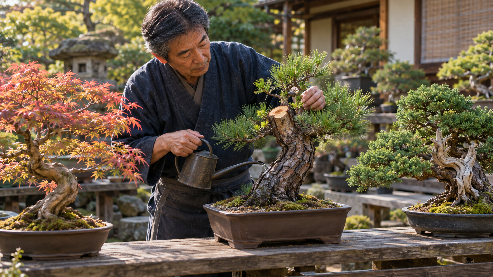 胴切り後の松盆栽を管理しながらモミジや真柏との樹種差を確認する様子