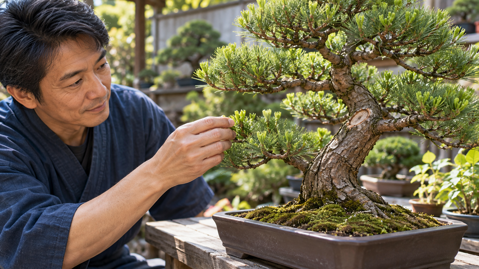 枝の修復後に新芽が伸びた盆栽を確認する様子