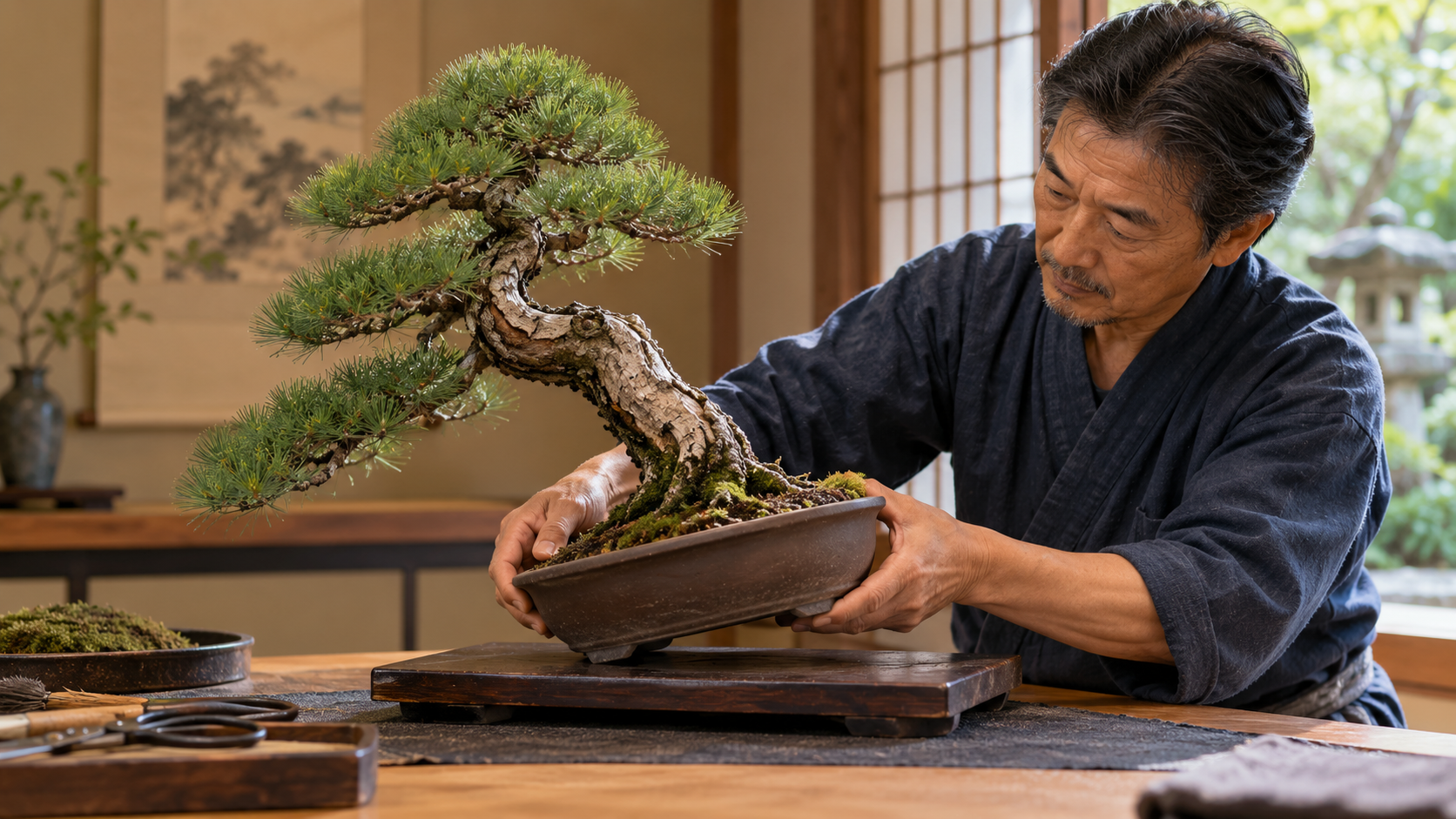 盆栽を傾けて幹の流れと植え付け角度を確認する様子