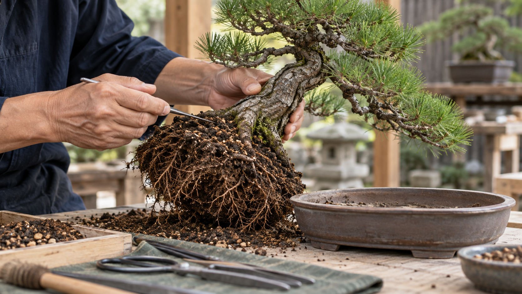 盆栽の植え替えで根張りと正面を確認する作業