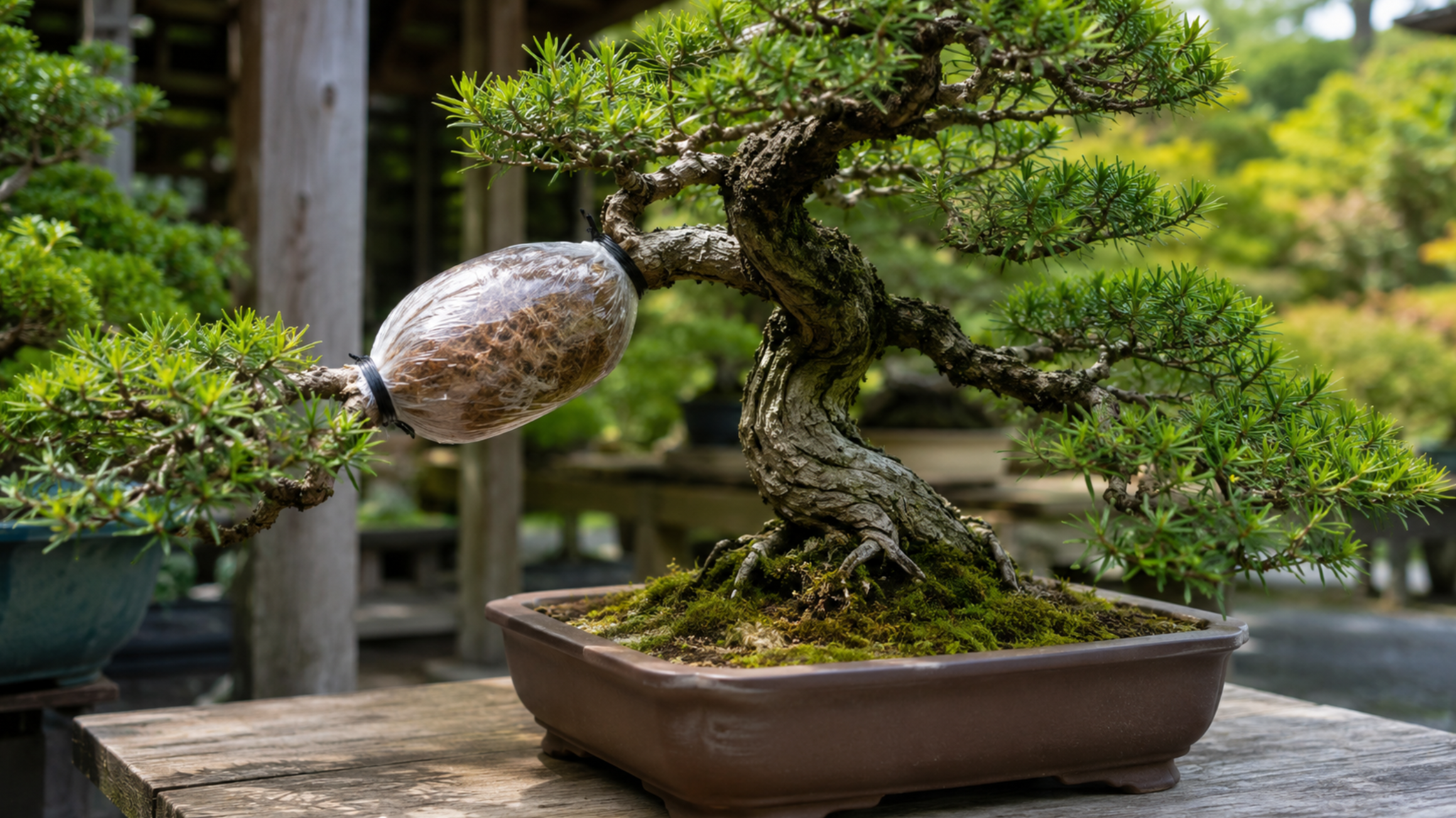水苔と透明ビニールで枝を包んだ盆栽の取り木