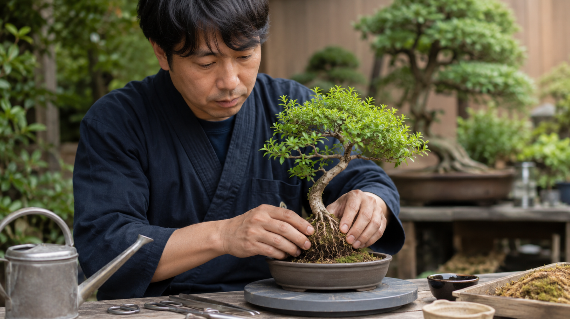取り木で発根した盆栽を鉢上げする日本人男性