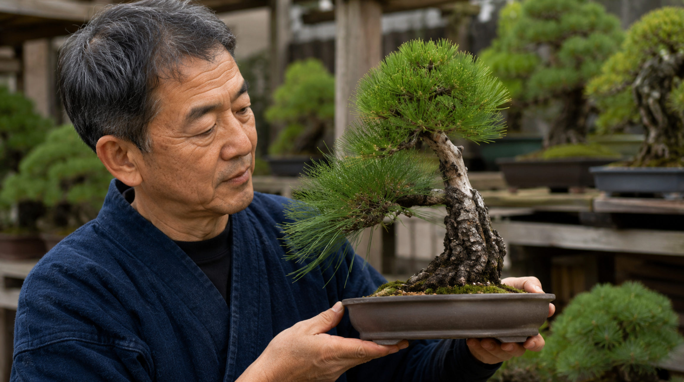 接ぎ木した松盆栽の幹と樹形を確認する日本人男性