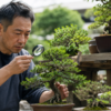 盆栽の葉や枝をルーペで確認して病気や病害虫を観察する様子