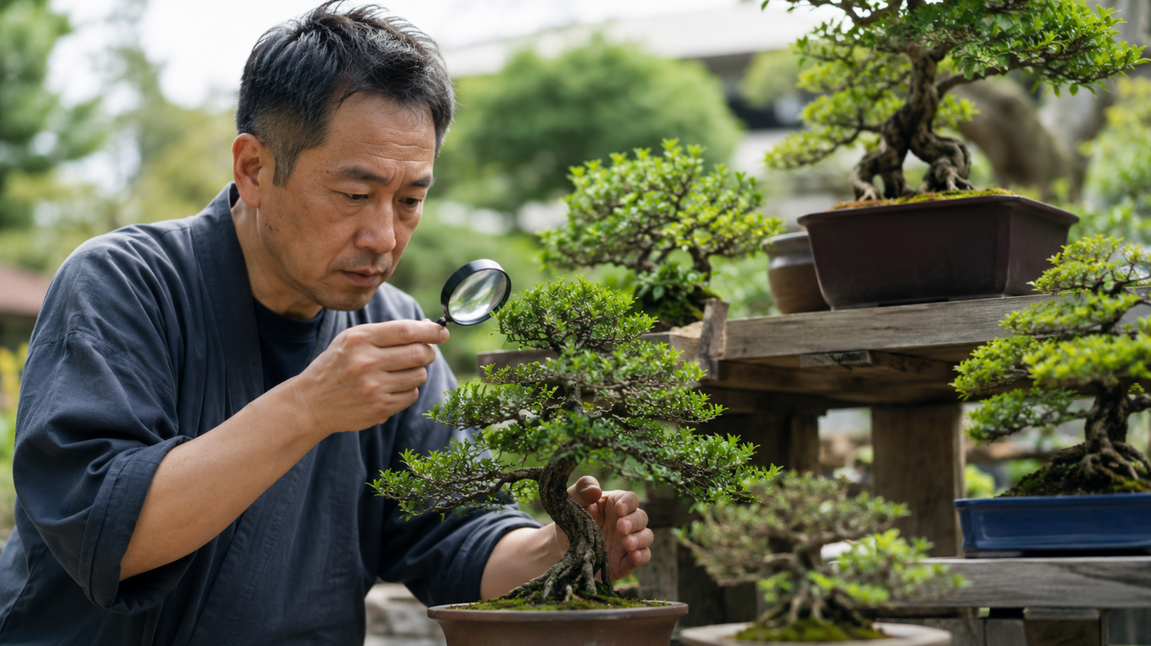 盆栽の葉や枝をルーペで確認して病気や病害虫を観察する様子
