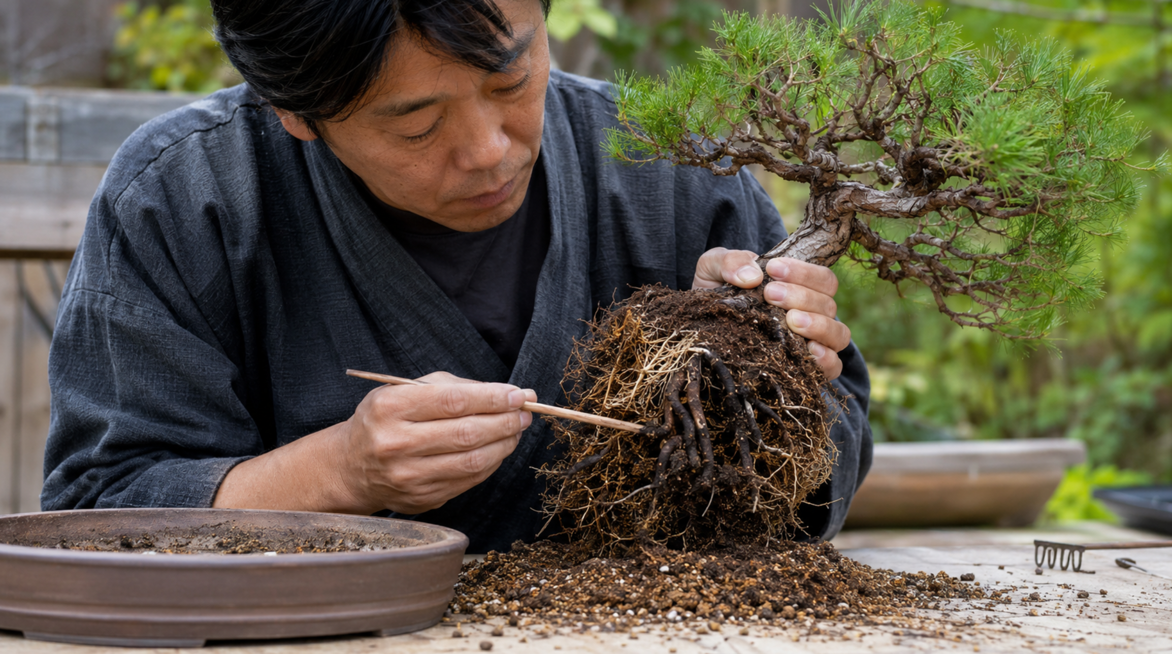 植え替え時に盆栽の黒く傷んだ根と細根を確認する様子