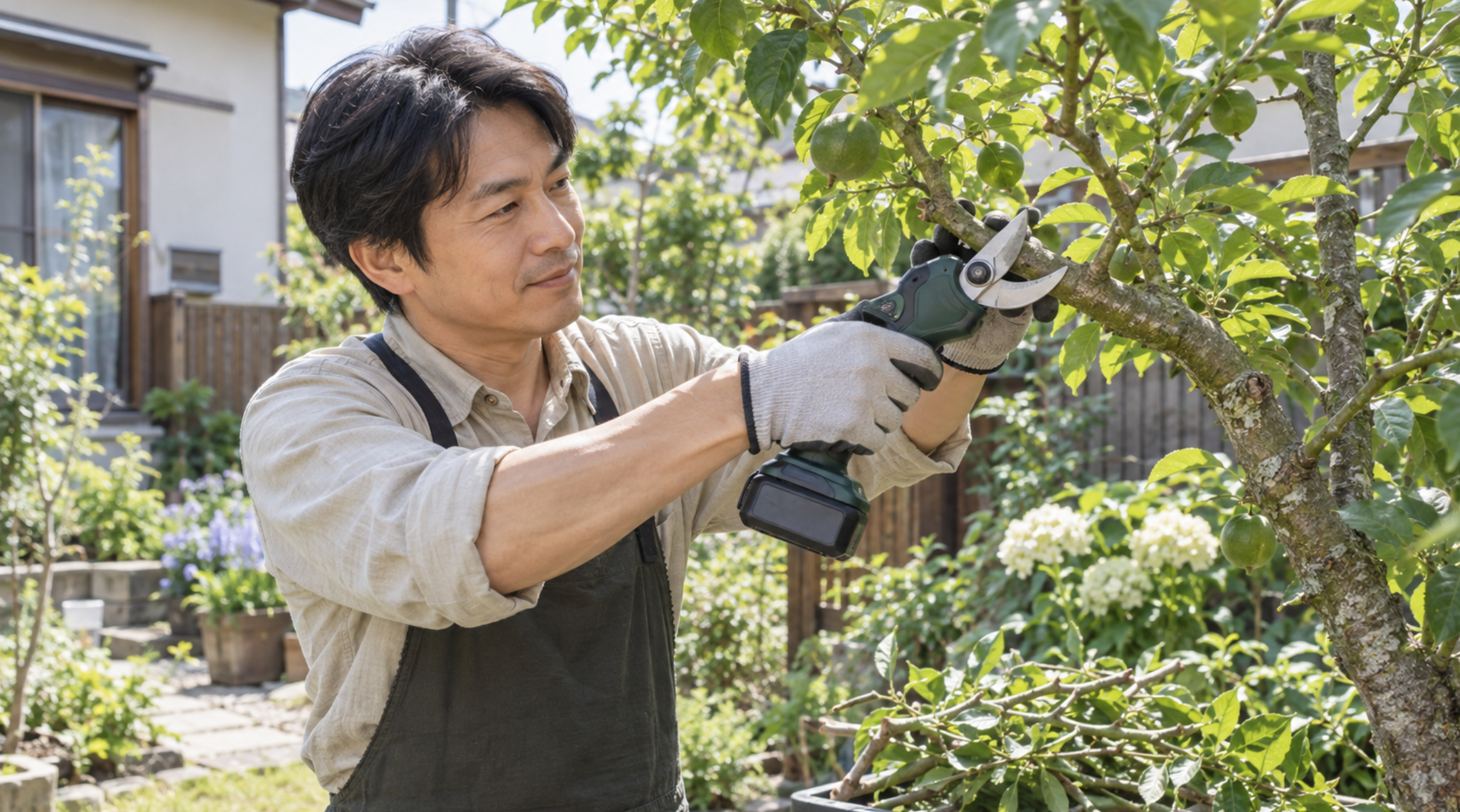 電動剪定ばさみで果樹の枝を剪定する日本人男性
