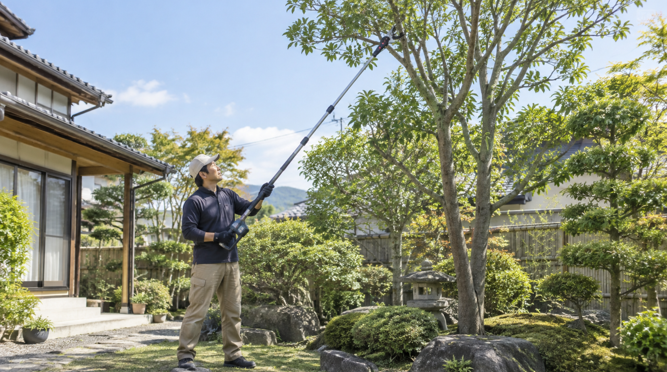 伸縮ポール付き電動剪定ばさみで高枝を剪定する日本人男性