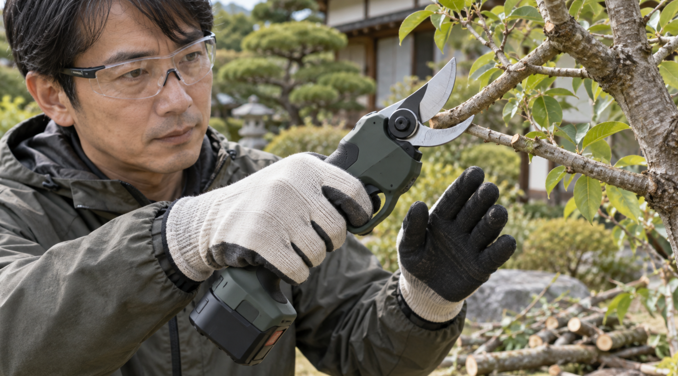 電動剪定ばさみを安全に使って庭木を剪定する日本人男性