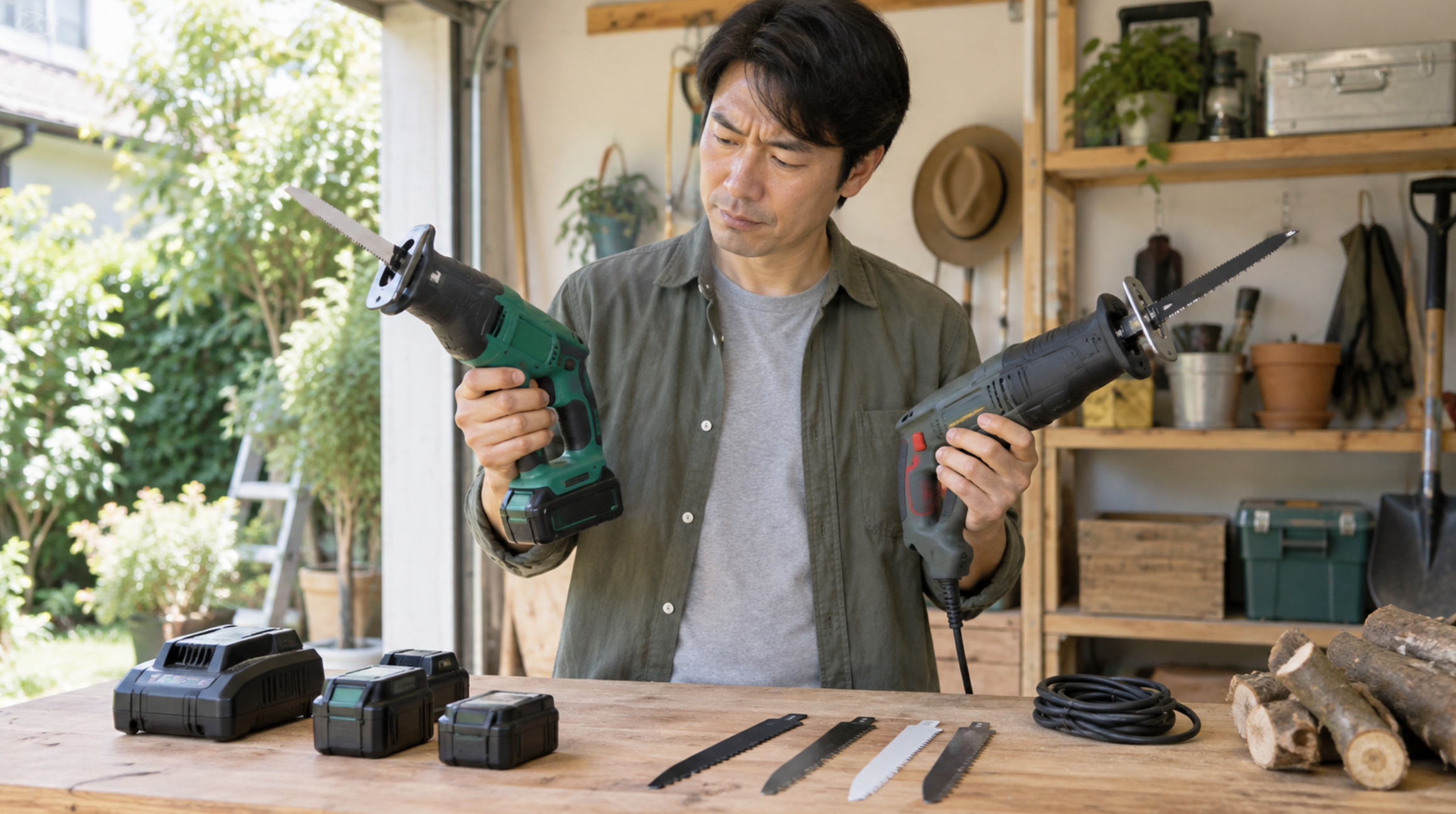 家庭用の充電式とコード式電動のこぎりを比較する男性