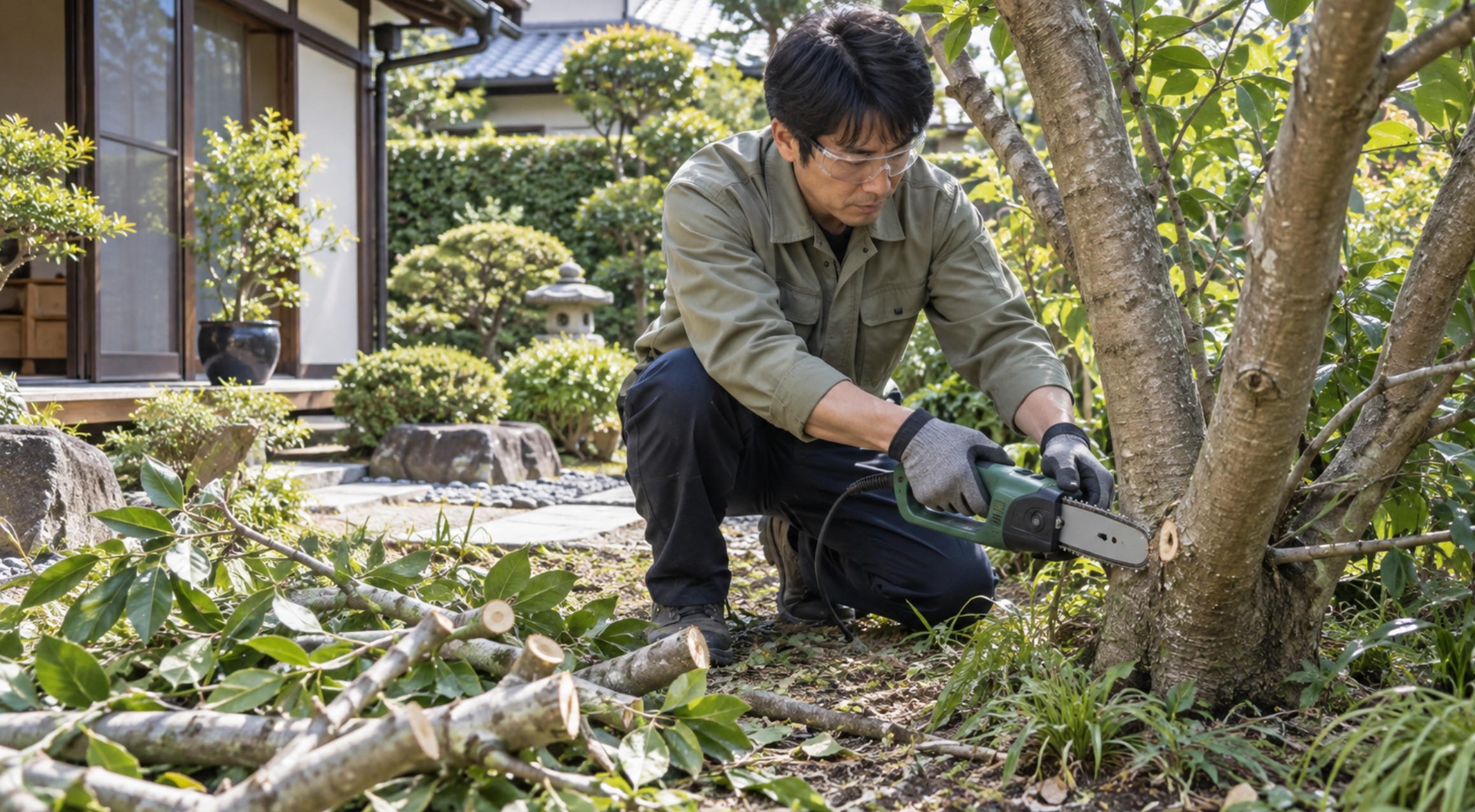 家庭用電動のこぎりで庭木の枝を剪定する日本人男性
