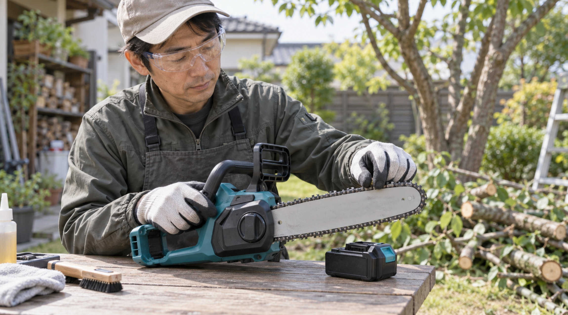 マキタ電動チェーンソーの使用前にチェーンの張りとガイドバーを確認する様子