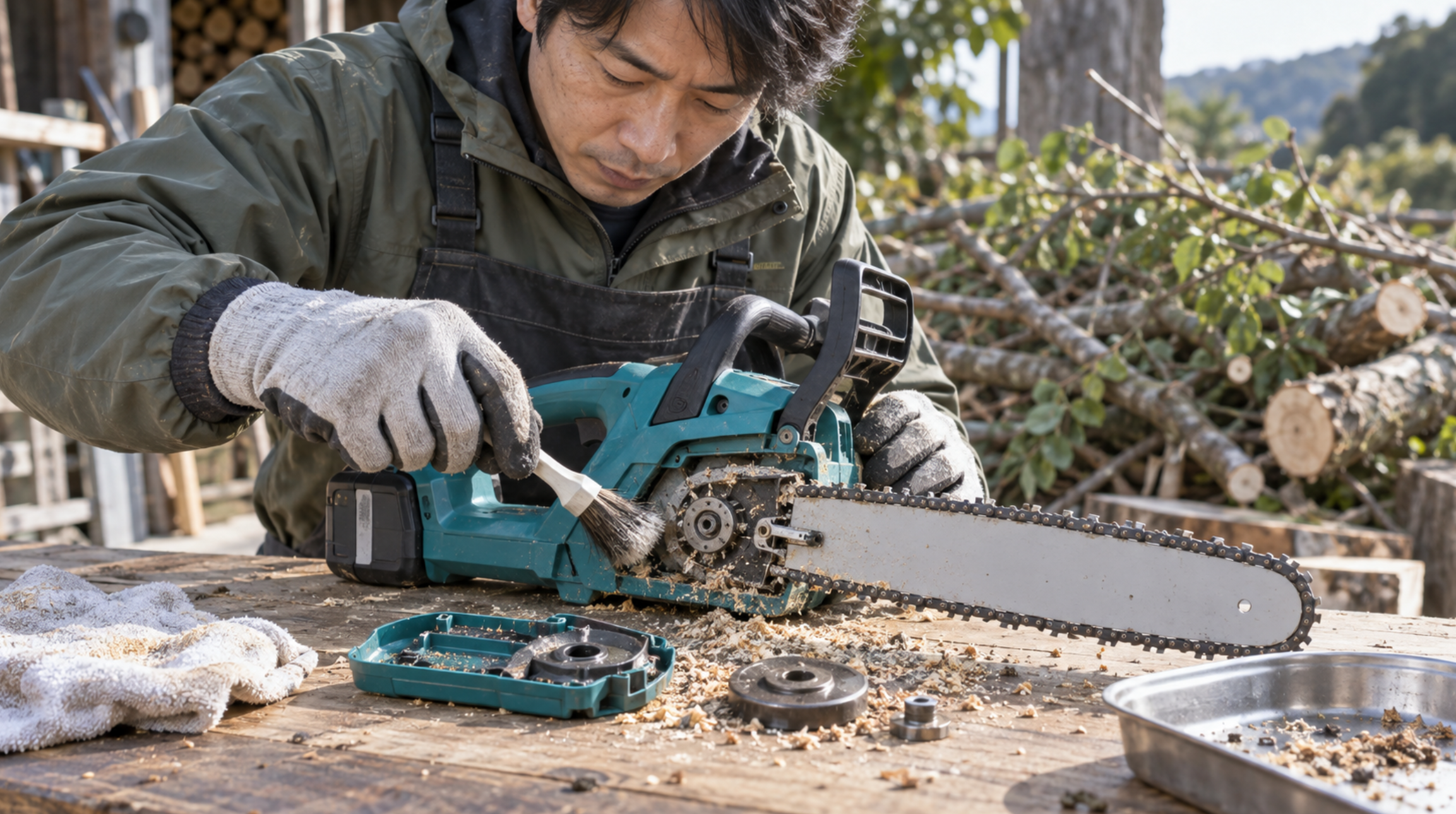 マキタ電動チェーンソーのスプロケット周辺とガイドバーの木くずを清掃する様子