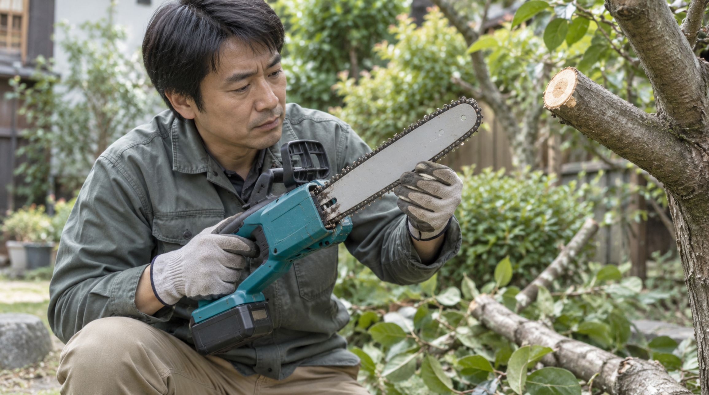 マキタ電動チェーンソーが止まった際にチェーンとガイドバーを点検する様子