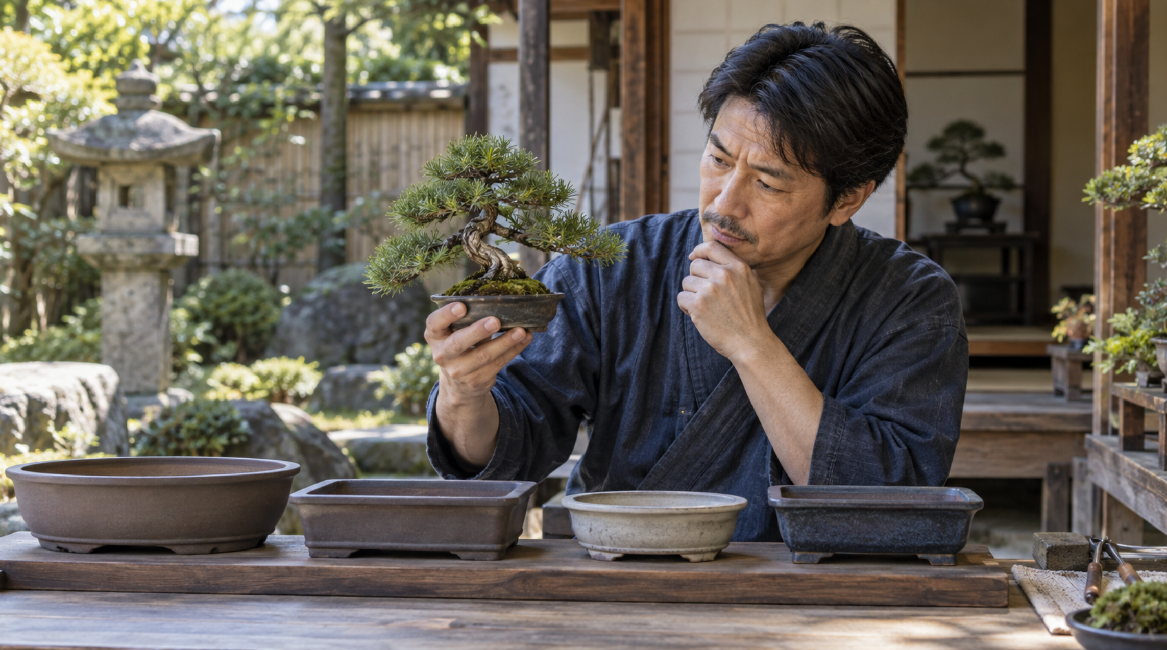 樹高や枝張りに合わせて盆栽鉢の大きさを選ぶ日本人男性