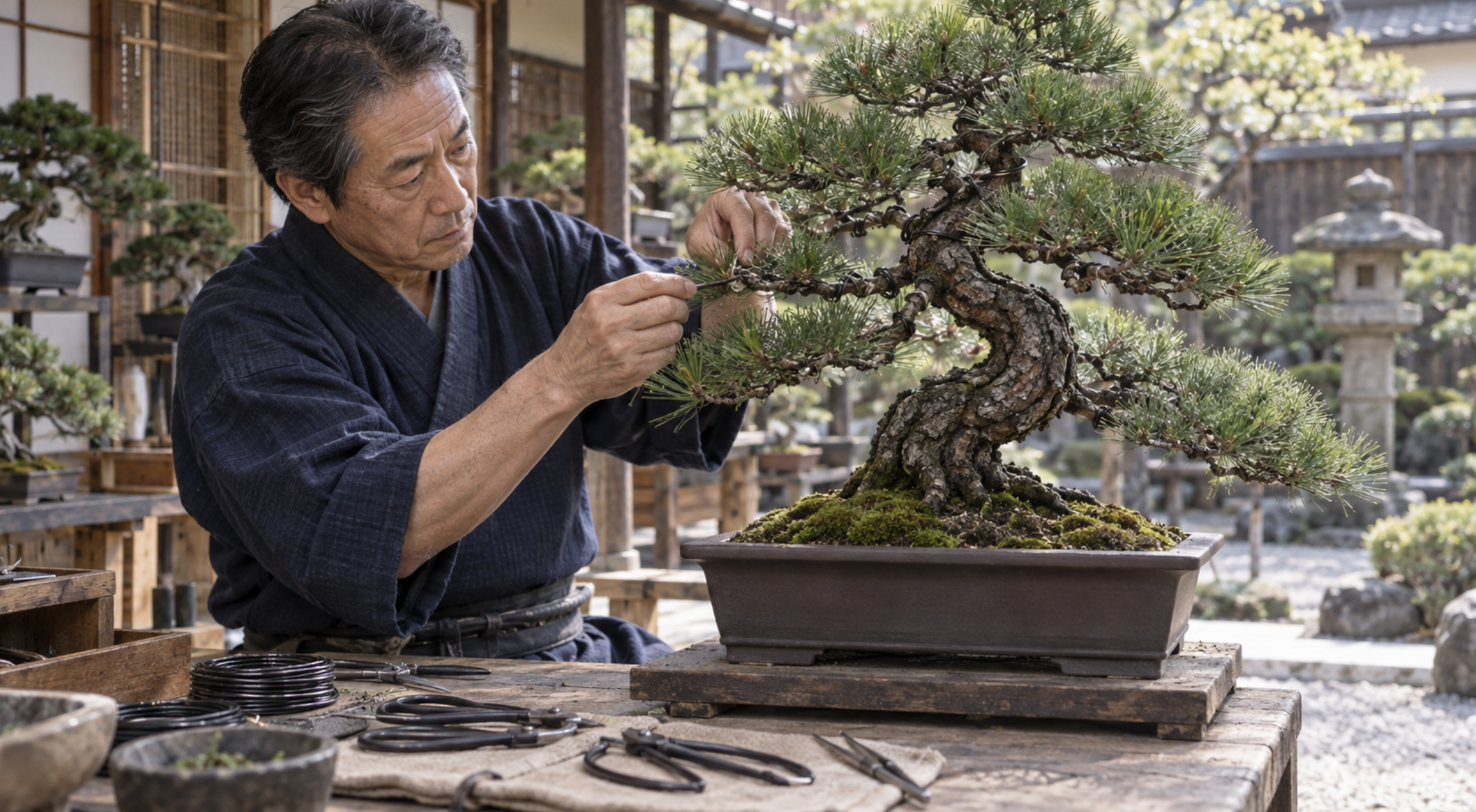 黒松盆栽を剪定し針金掛けする日本人の盆栽職人