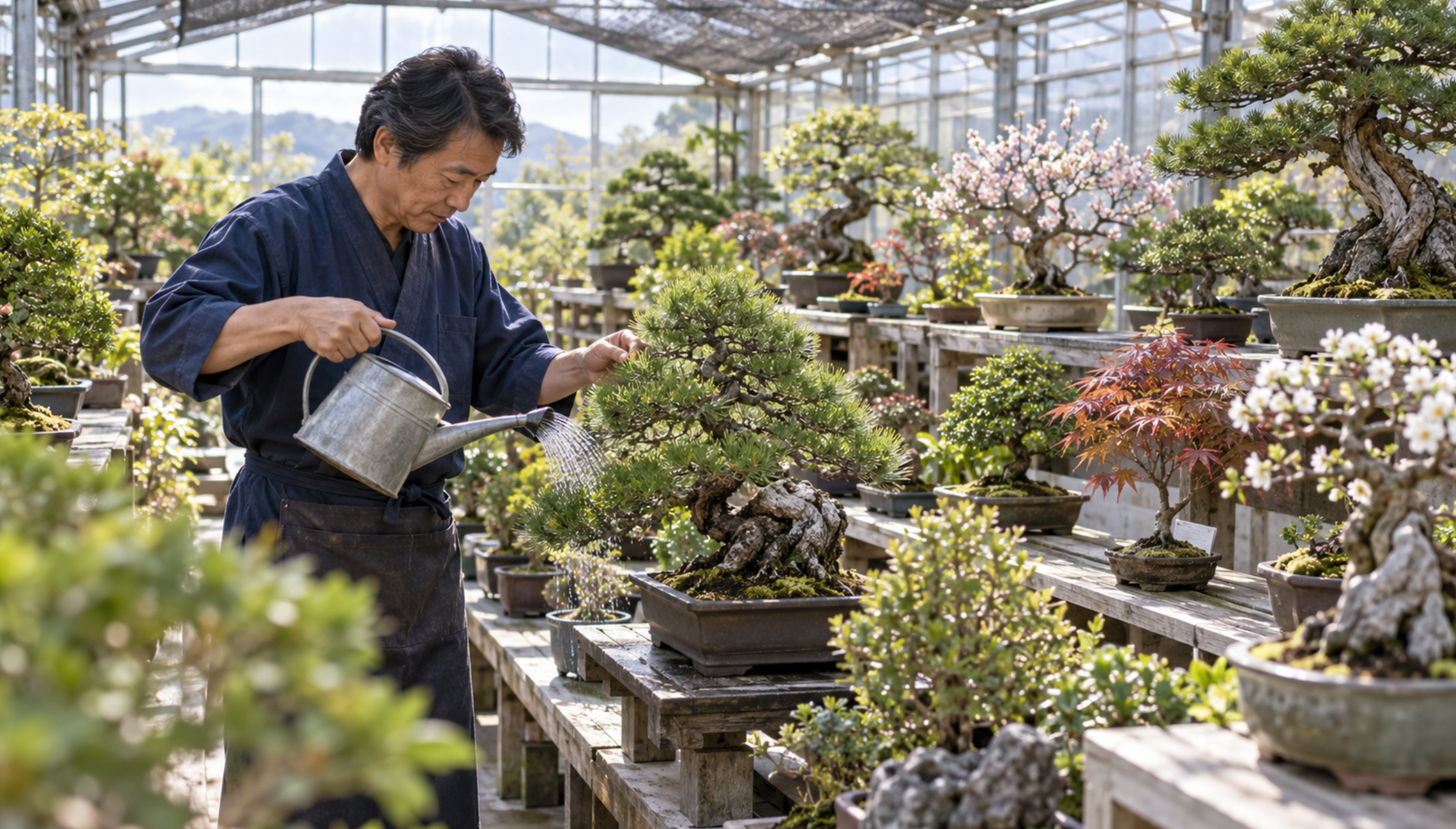 盆栽園で預かり盆栽に水やりをする日本人の盆栽職人