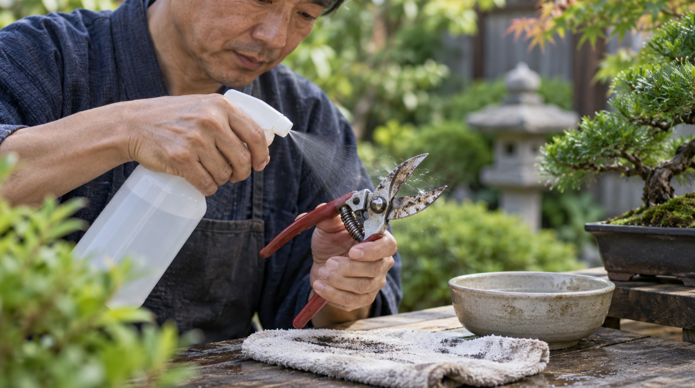 剪定ばさみの刃にクリーナーを吹き付けて手入れする様子
