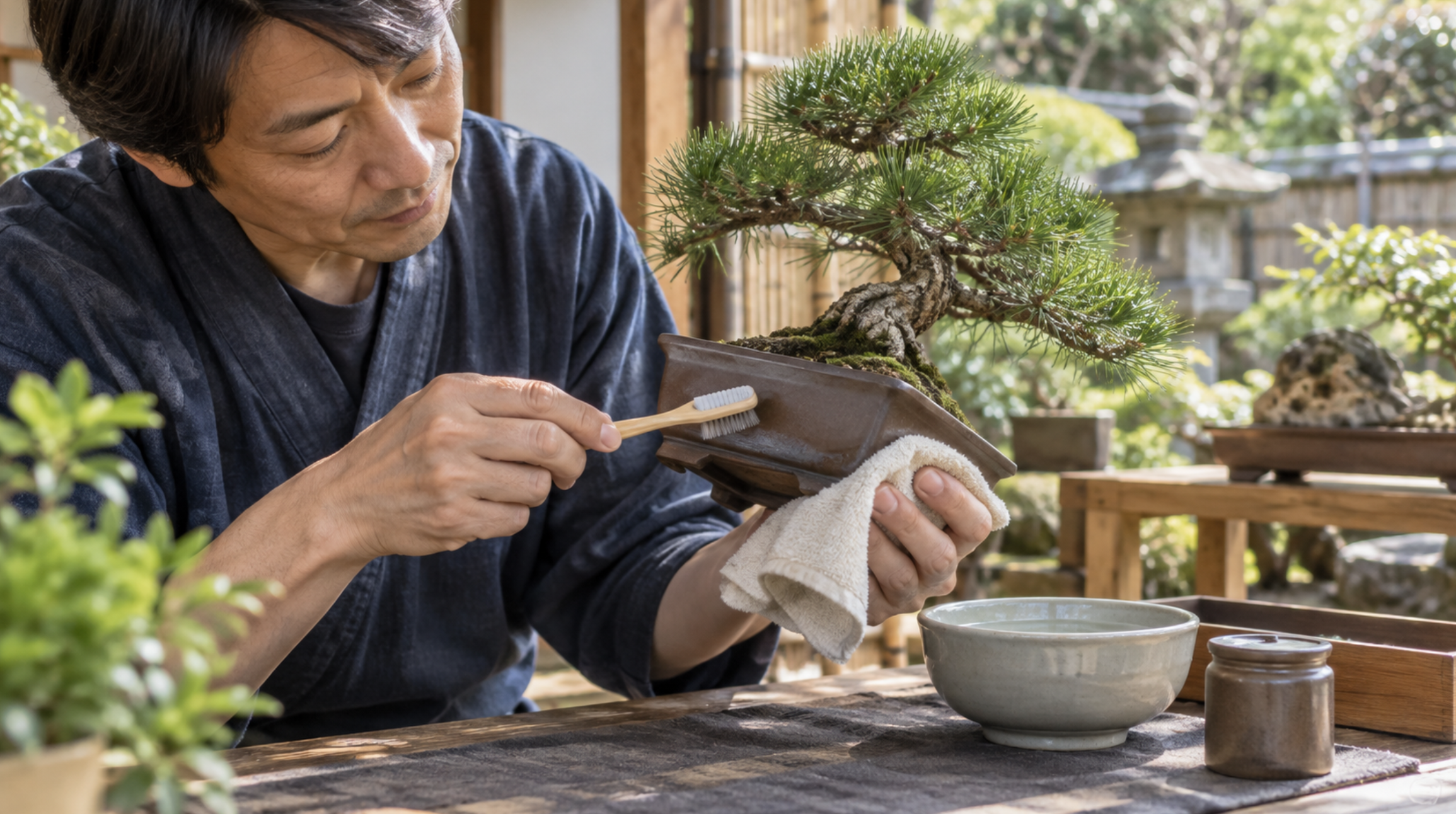 柔らかいブラシと布で盆栽鉢の外側を丁寧に掃除する日本人男性