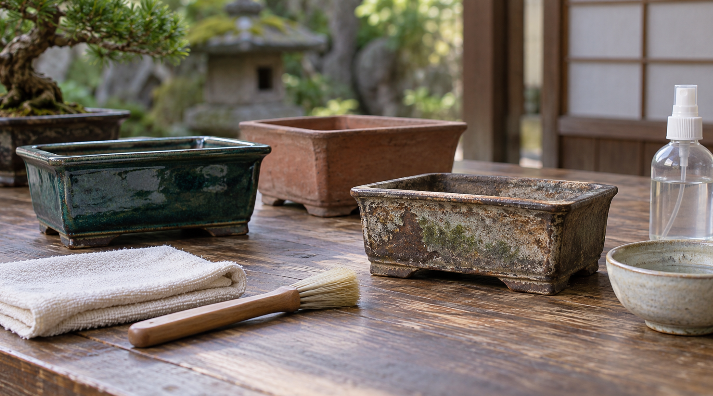 釉薬鉢と無釉鉢と古色のある盆栽鉢を並べた手入れ用品の作業台