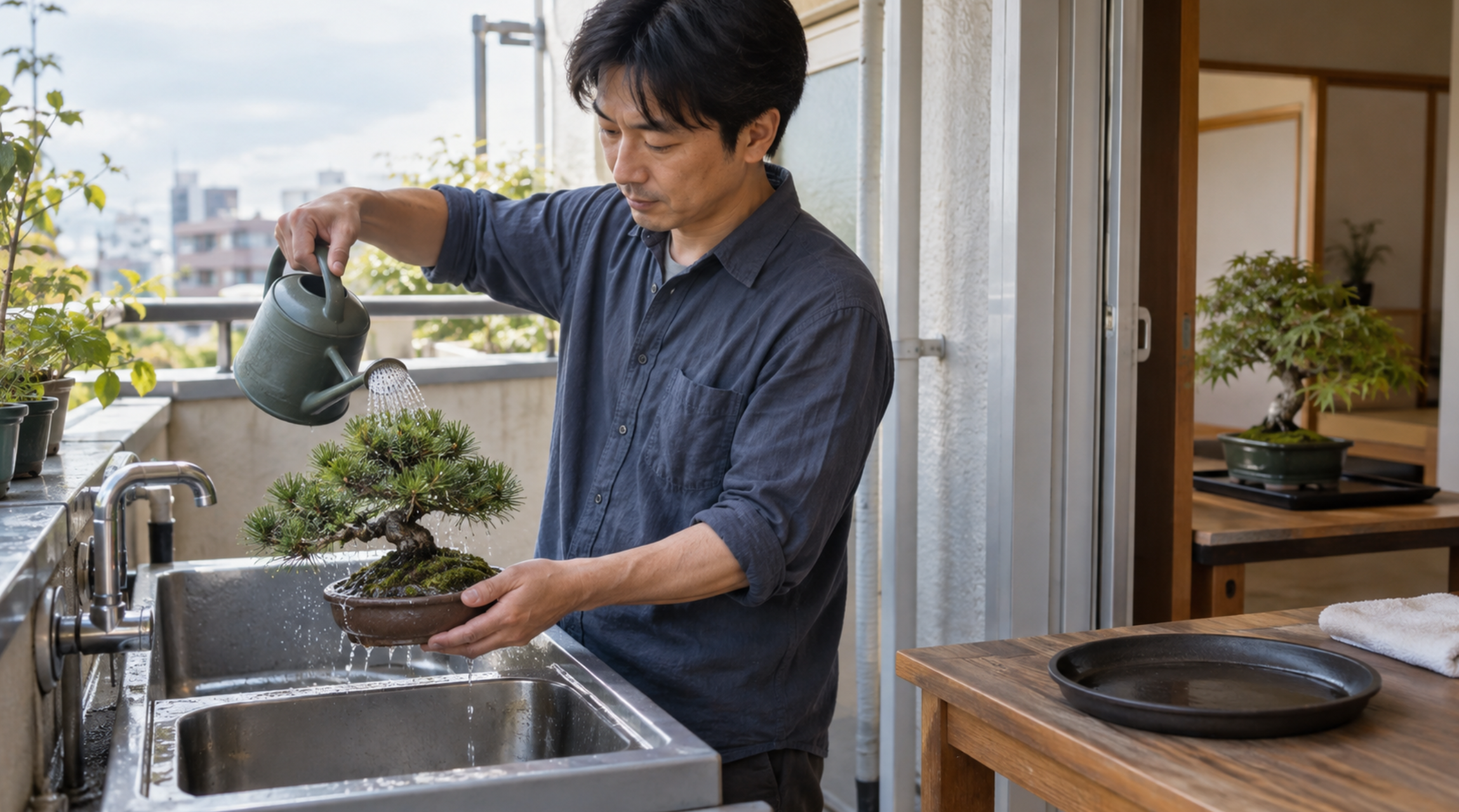 ベランダで盆栽に水やりして排水後に室内へ戻す様子