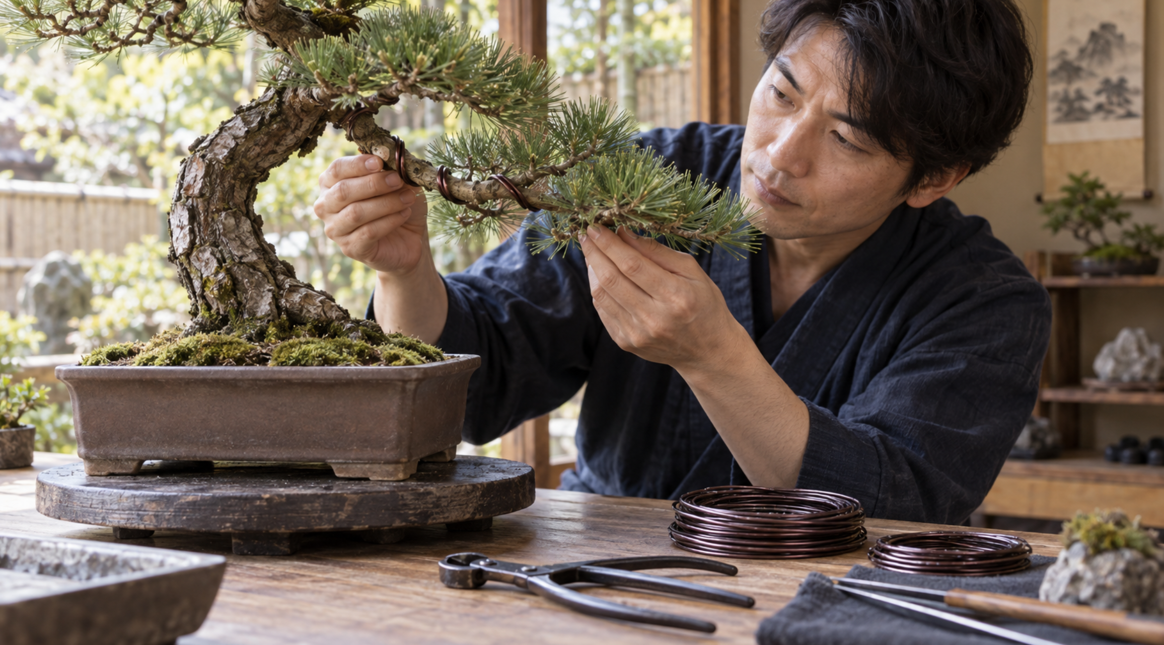 松盆栽の針金の巻き方と食い込みを確認する日本人男性