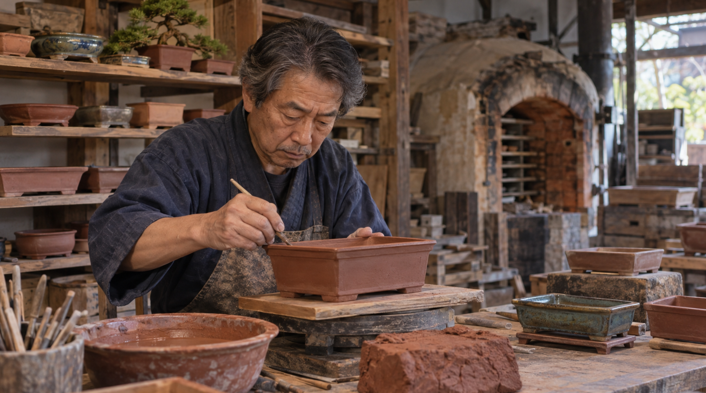 陶芸工房で盆栽鉢を手作業で仕上げる日本人の陶工