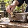 柔らかいブラシと布で盆栽鉢を水洗いする様子