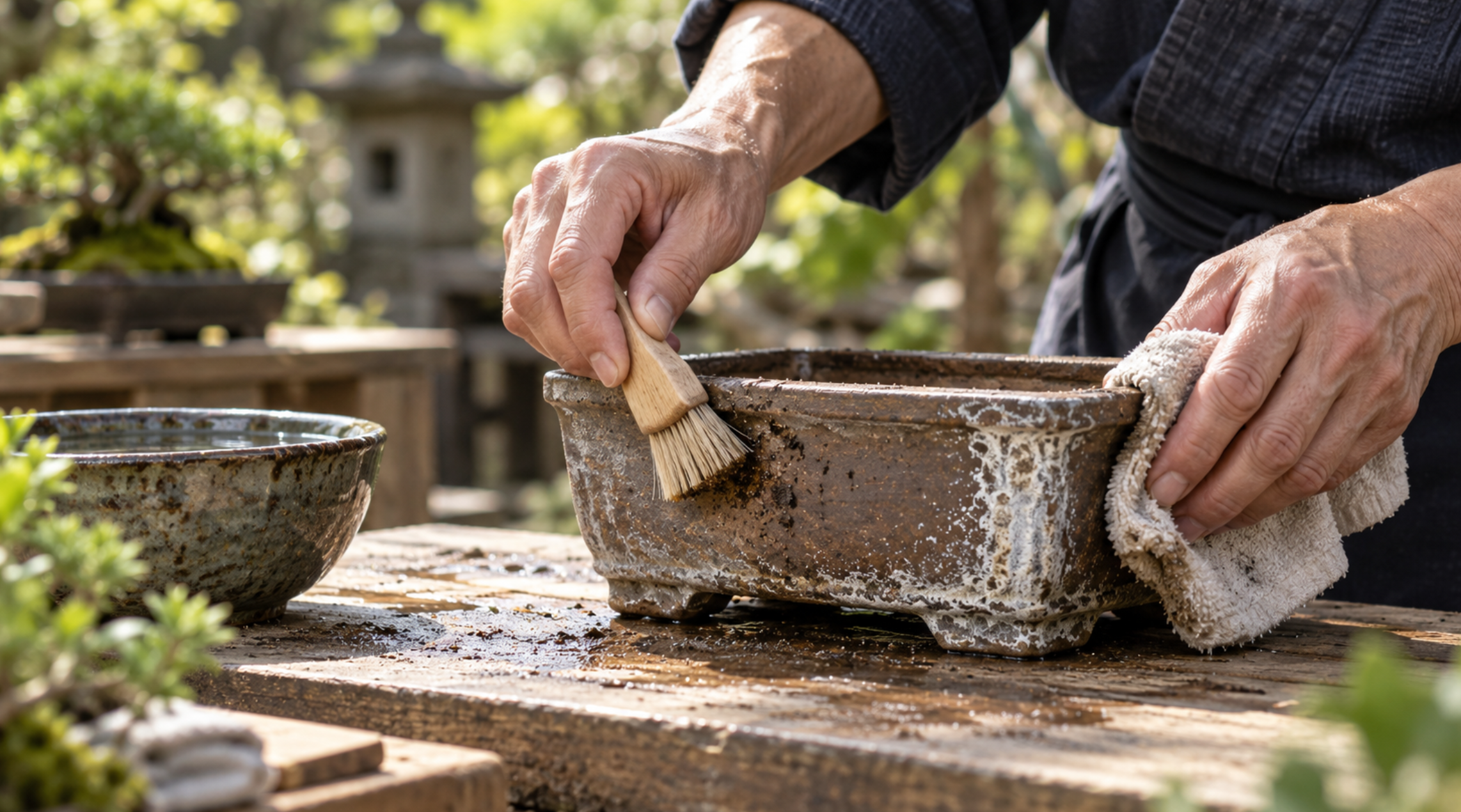柔らかいブラシと布で盆栽鉢を水洗いする様子