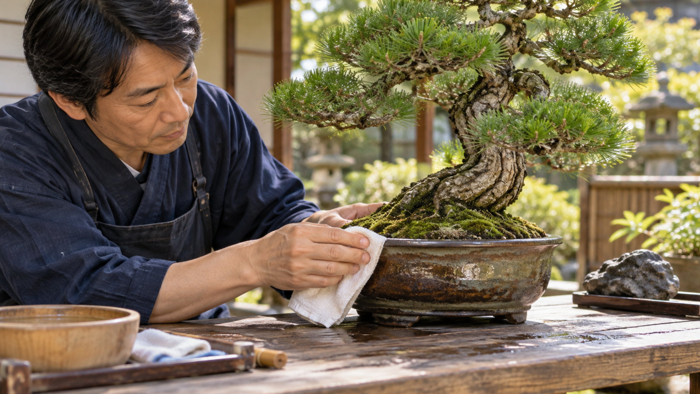 植えたままの盆栽鉢を湿らせた布で拭く手入れ