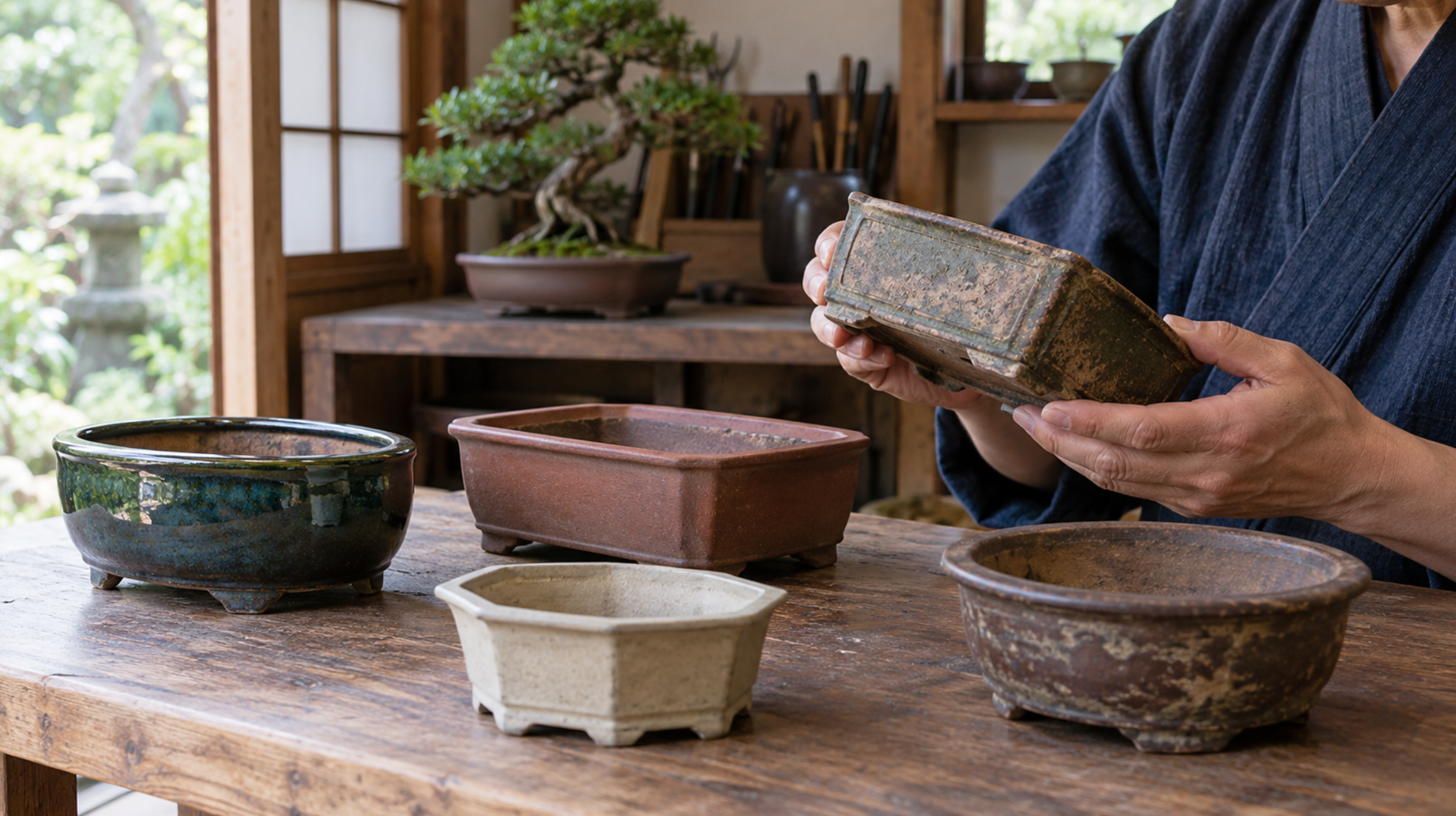 釉薬鉢や泥物と古鉢の表面状態を確認する様子