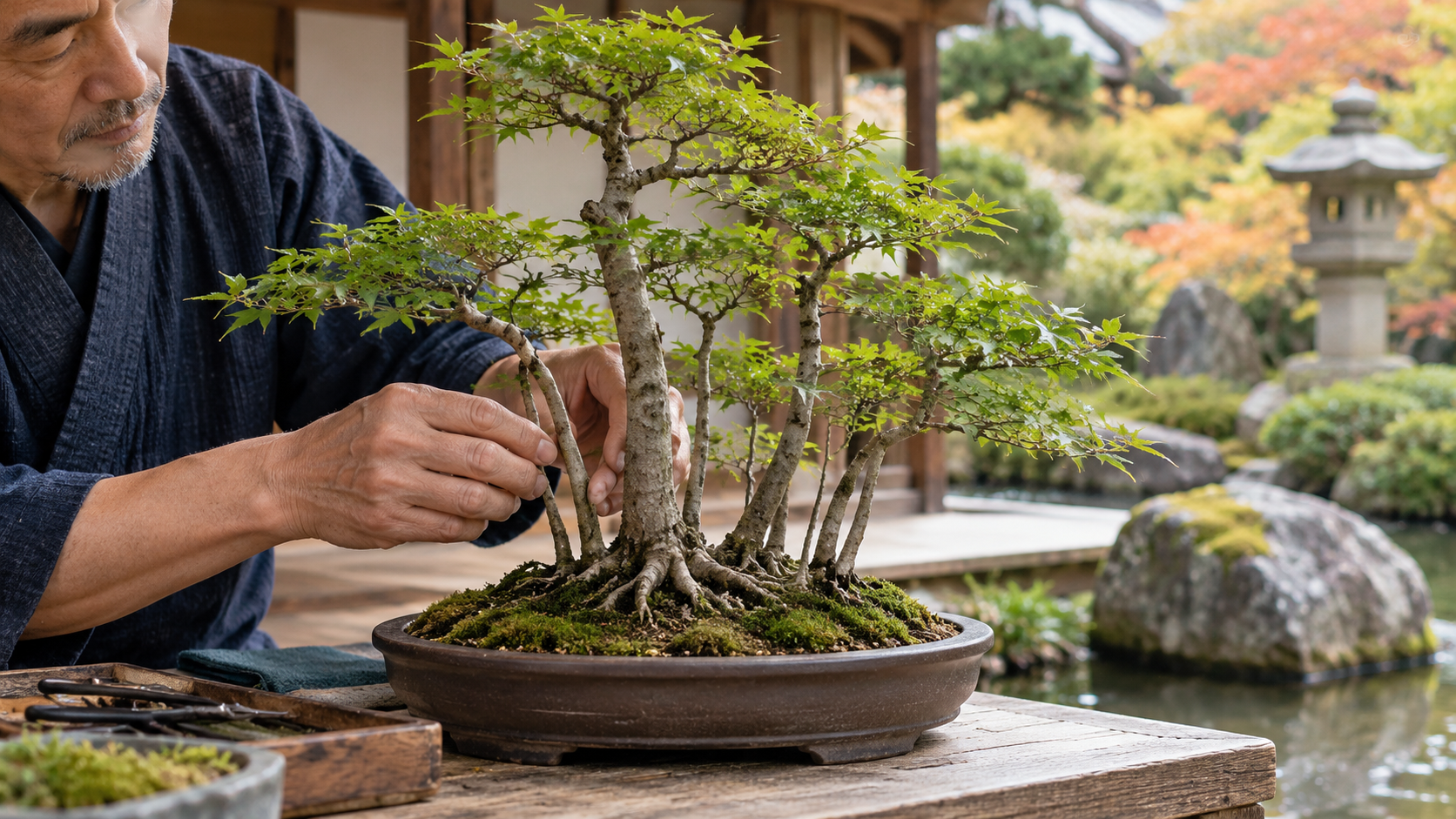 株立ち盆栽の複数の幹の高さと間隔を整える作業風景