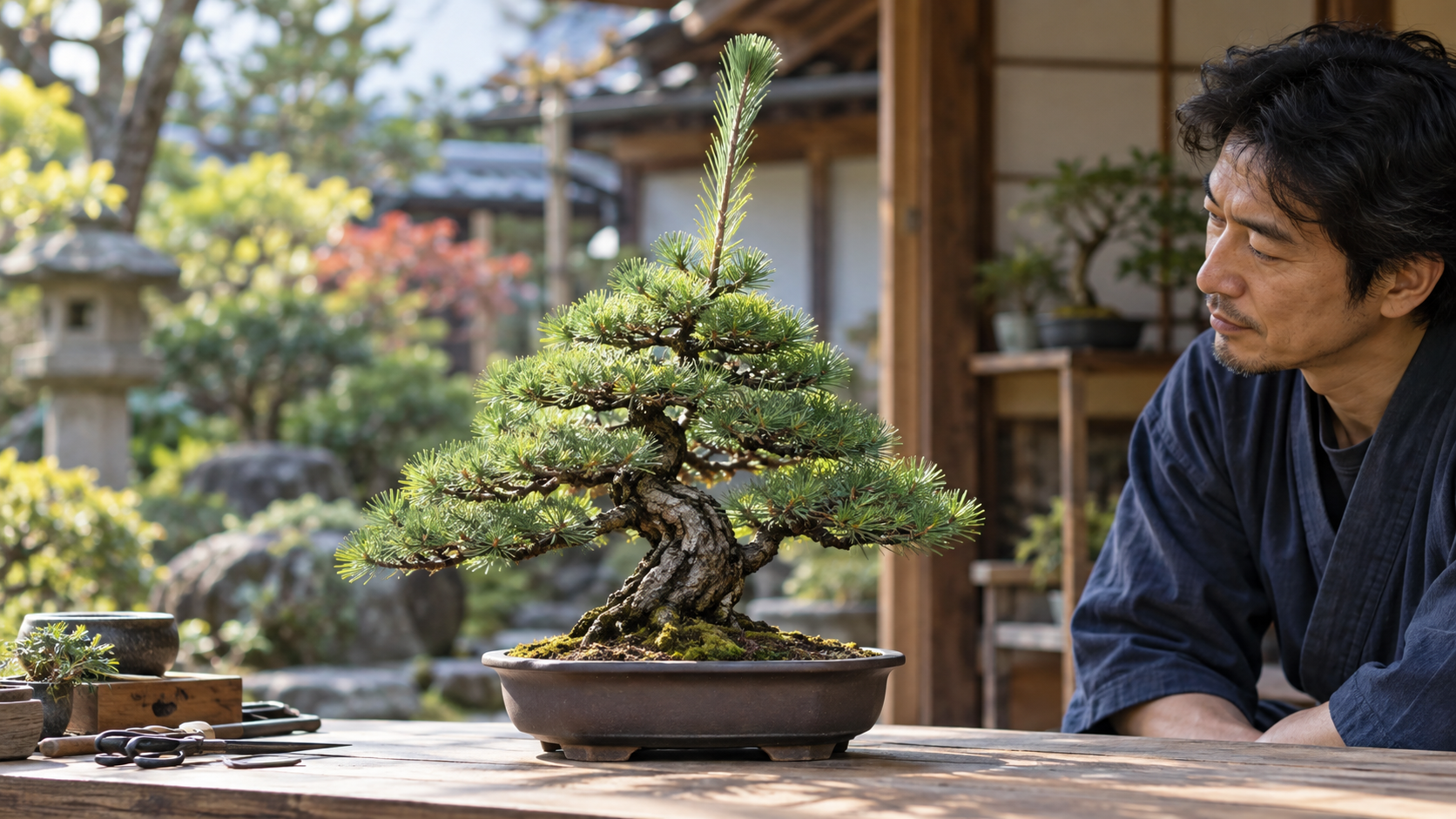 盆栽の樹冠から長く伸びた樹芯を確認する日本人男性