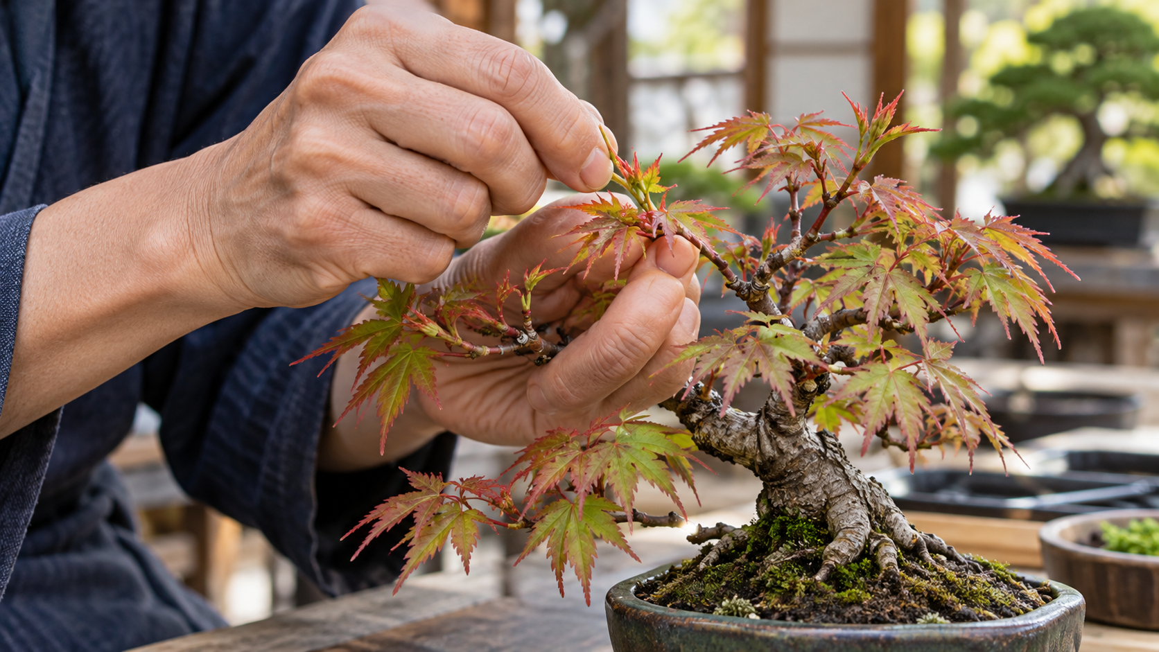 モミジ盆栽の春の新芽を指先で摘む芽摘み作業
