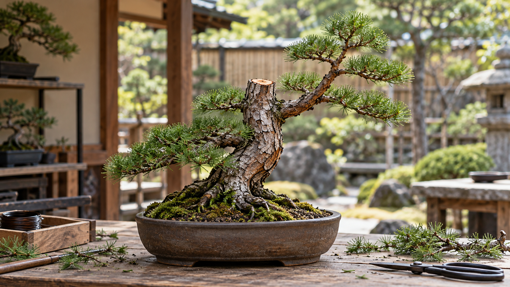 盆栽の樹芯を切り戻し側枝を新しい芯として育てる様子