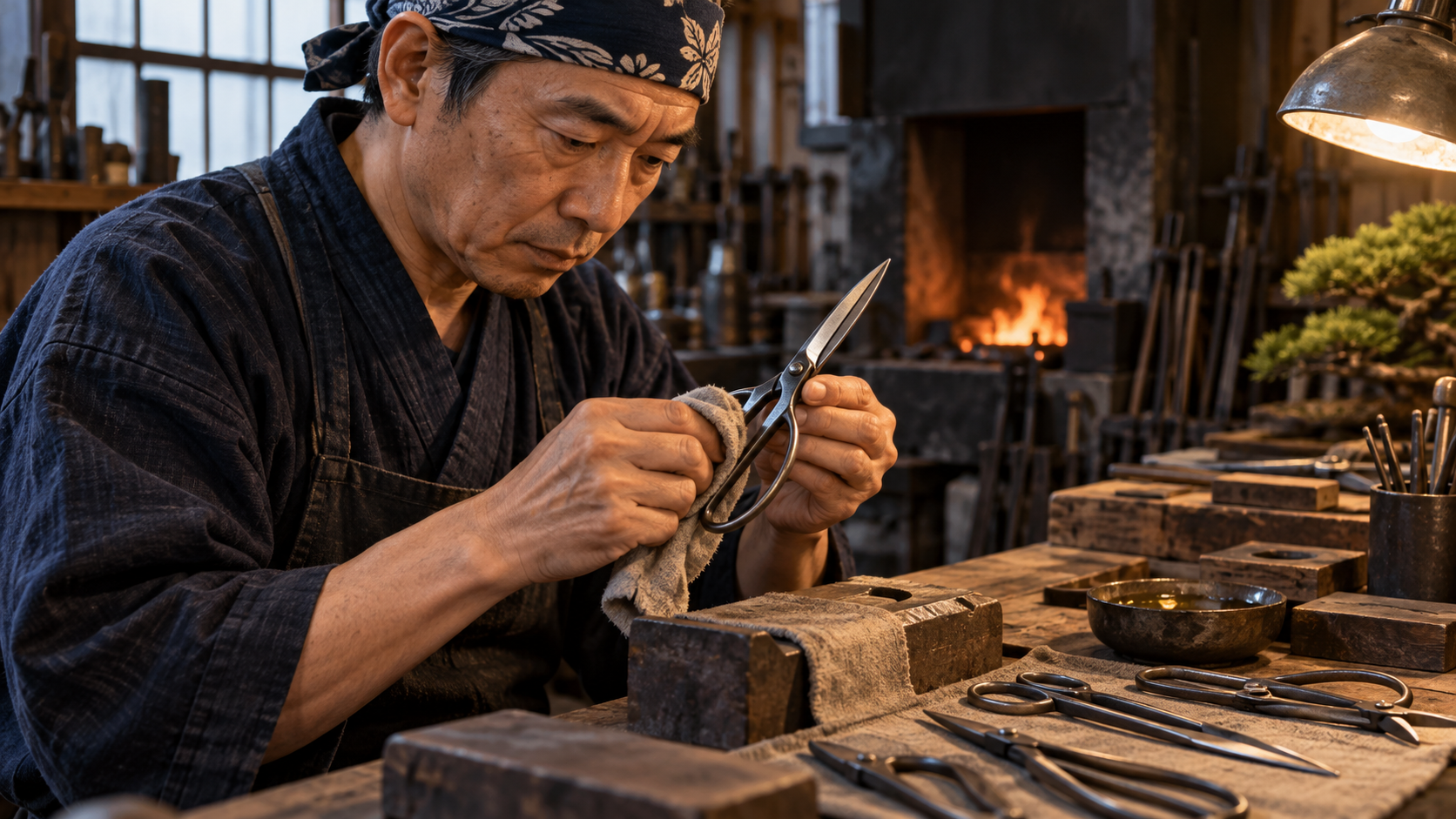 日本の刃物工房で盆栽鋏を丁寧に仕上げる職人のイメージ