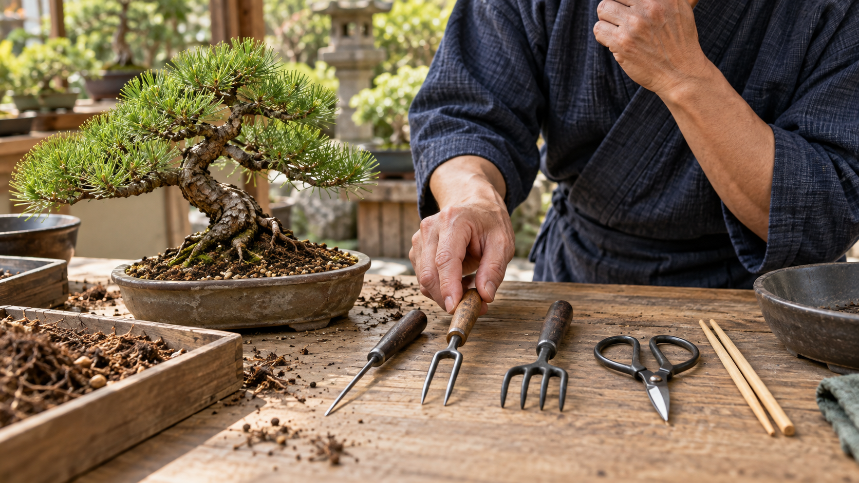 盆栽の植え替えに使う1本爪・2本爪・3本爪の根かきとレーキを選ぶ様子