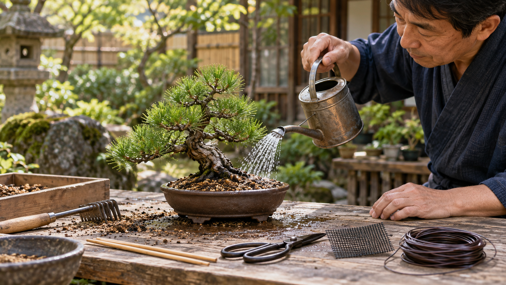 根ほぐしと植え替えを終えた松の盆栽にじょうろで水やりをする様子