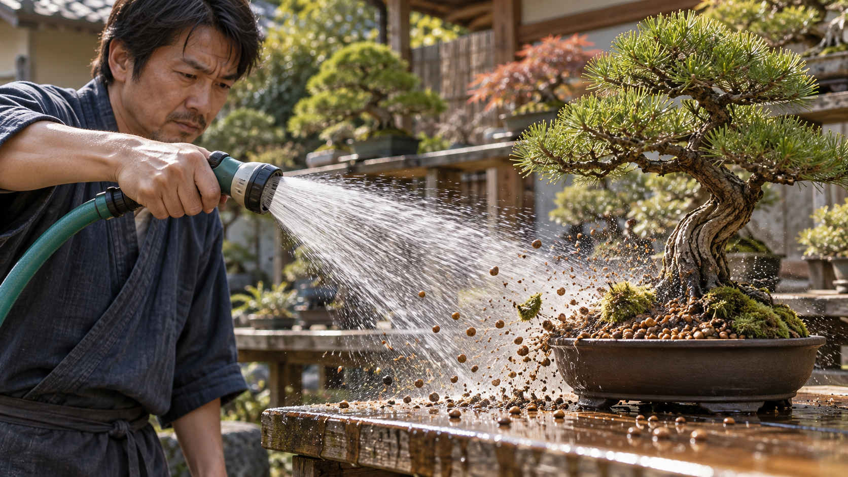 ホースの強い水流で盆栽の赤玉土や苔が飛び散る様子