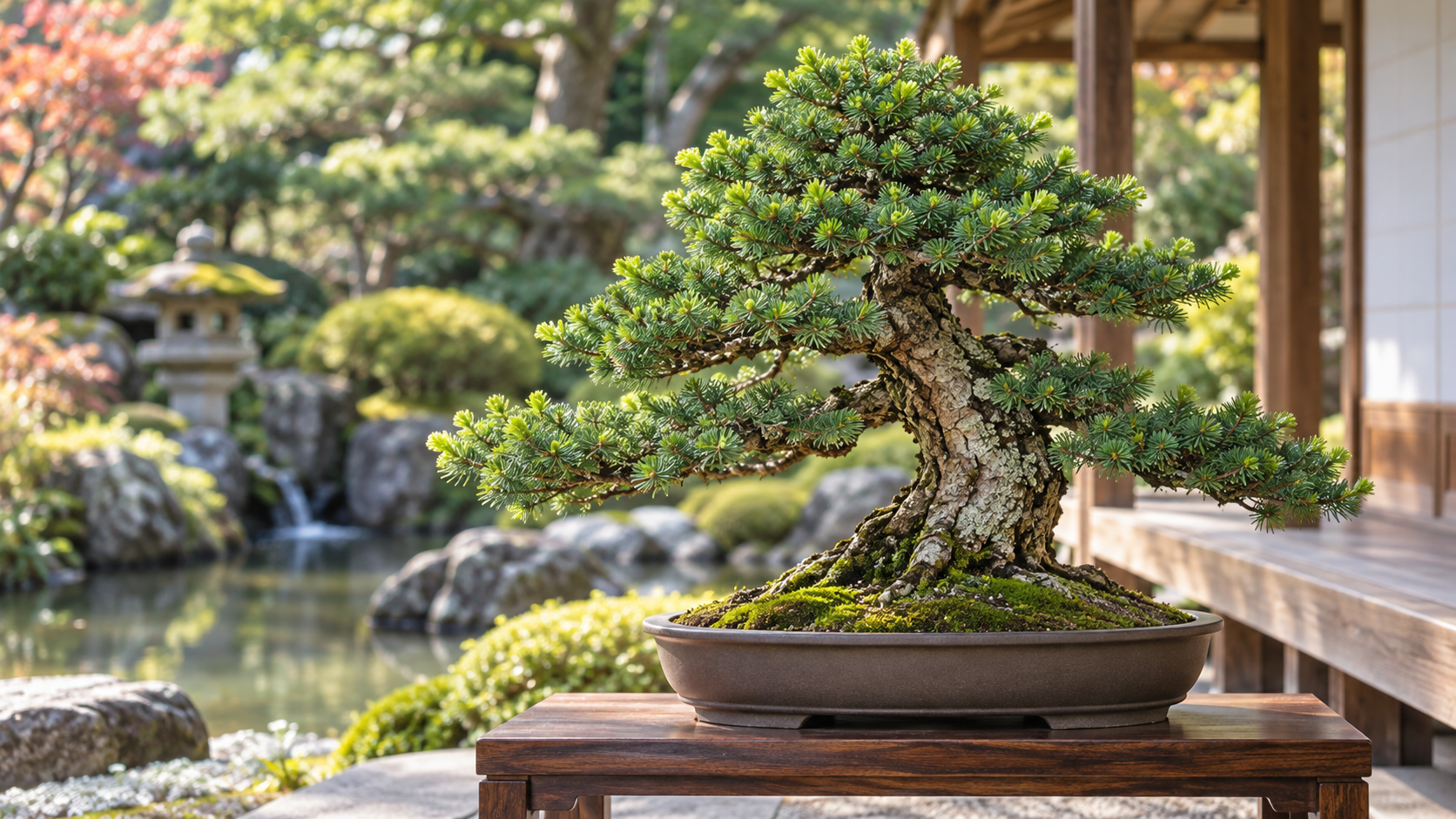 日本庭園の木製台に飾られたエゾマツ盆栽。細かな緑の針葉と苔に覆われた根元、古木らしい太い幹が特徴。