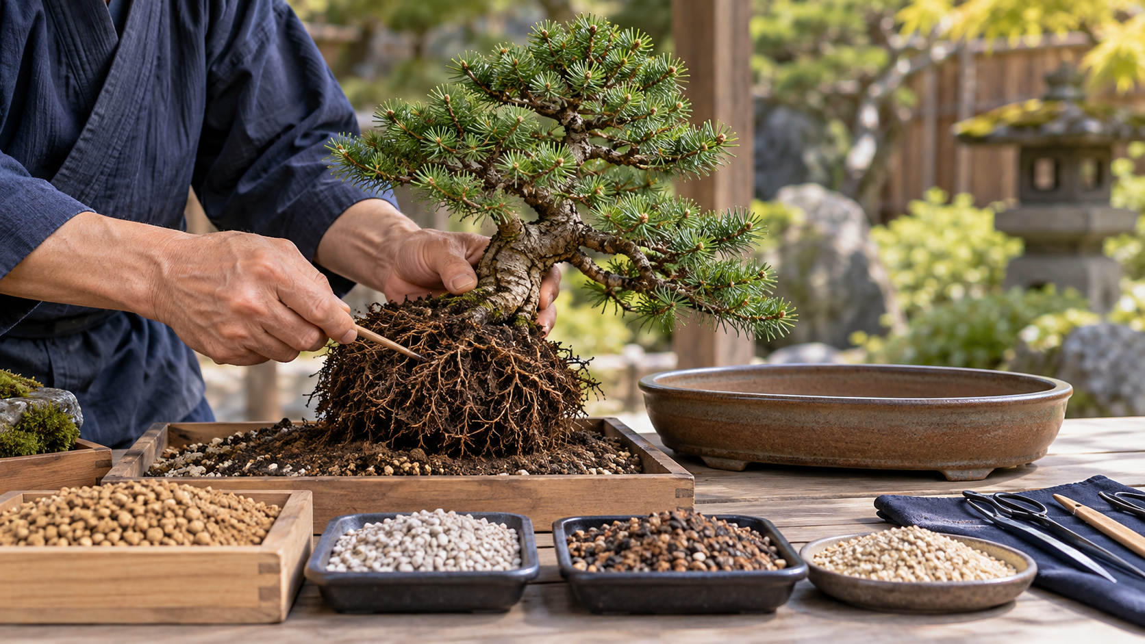 エゾマツ盆栽の植え替えで、根鉢を竹串でほぐす作業風景。作業台には粒状の盆栽用土と浅い植え替え鉢が並ぶ。