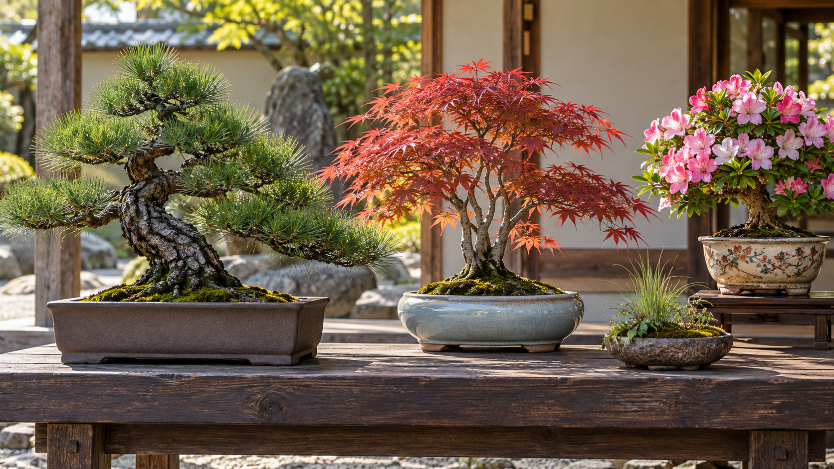 松の長方鉢・紅葉したモミジの青灰色楕円鉢・花物盆栽の絵付け鉢を比較