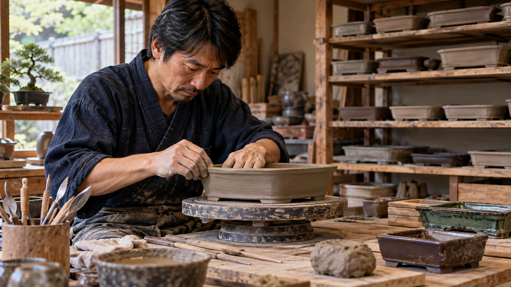 陶芸工房で粘土を使い浅い盆栽鉢を手作業で成形する男性職人