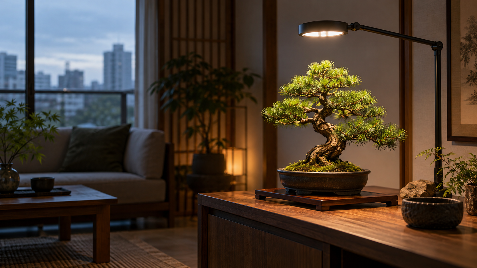 室内の窓際に置いた松の盆栽をLED植物育成ライトで上から照らしている様子