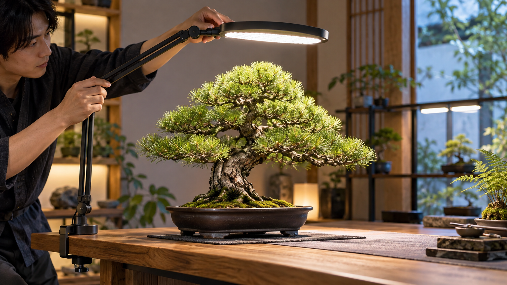 松の盆栽の枝葉全体に光が届くようLED育成ライトの高さと角度を調整する男性