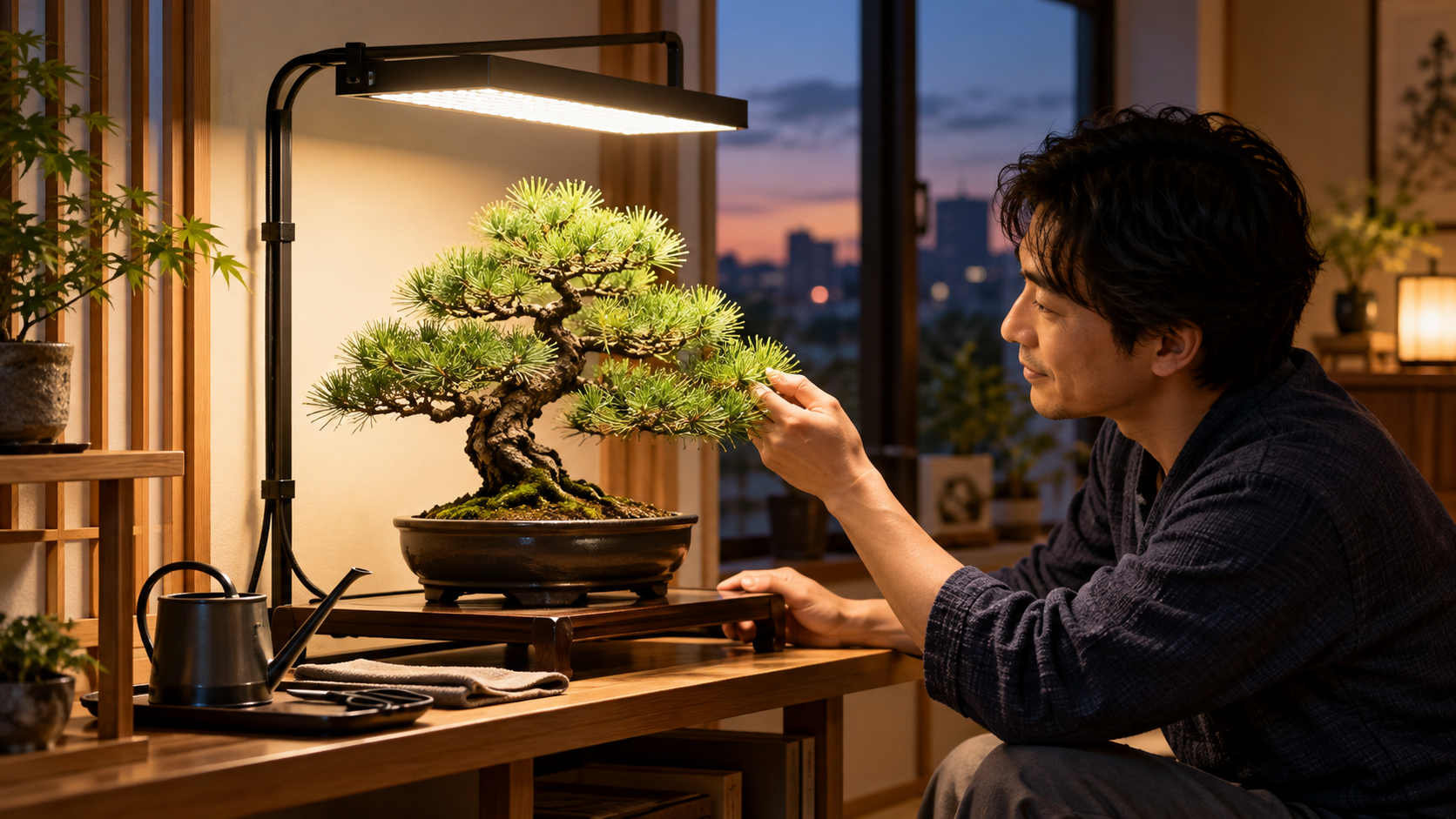 夕暮れの室内でLED育成ライトを当てた松の盆栽の枝葉を確認する男性