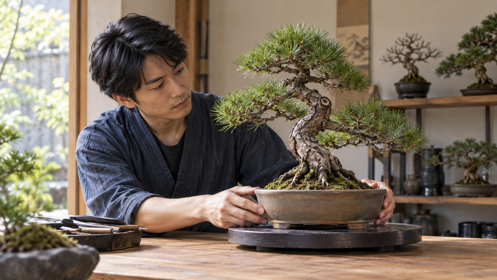 盆栽を回しながら正面と枝配置を確認する日本人男性
