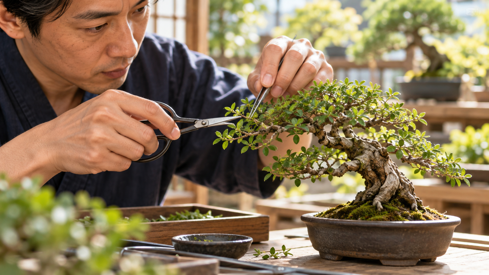 盆栽鋏とピンセットを使い、盆栽の細かな枝葉を丁寧に剪定する日本人男性