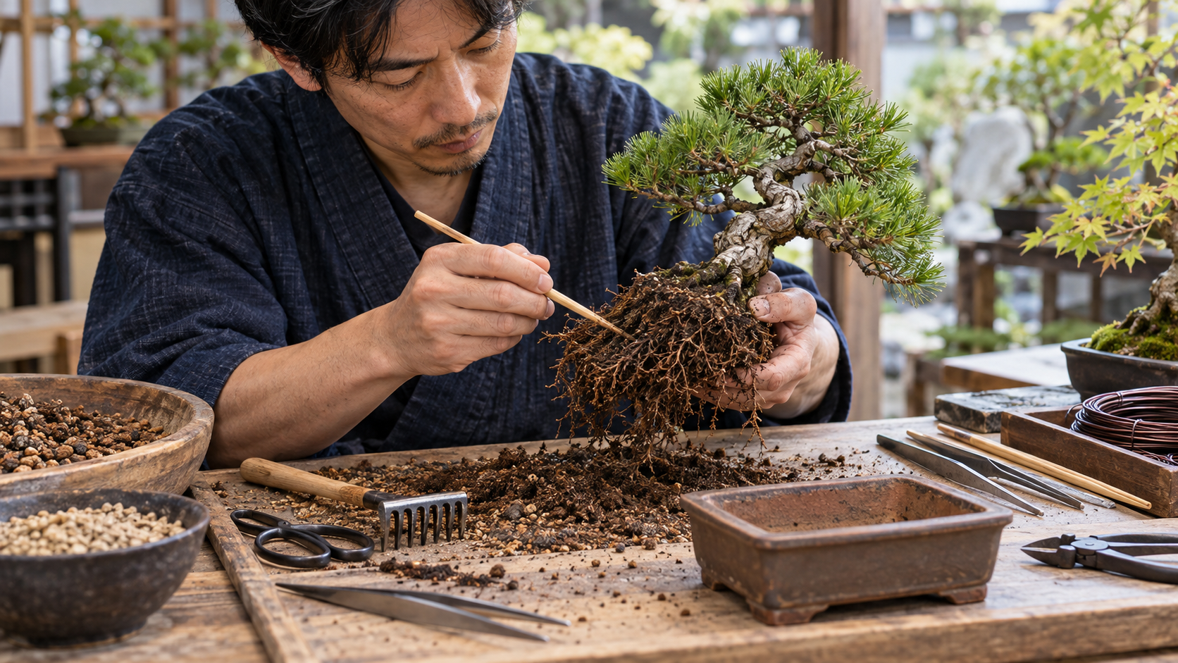 盆栽の植え替え作業で、竹箸を使って松の根をほぐす日本人男性と根かき、盆栽鋏、植え替え用の鉢